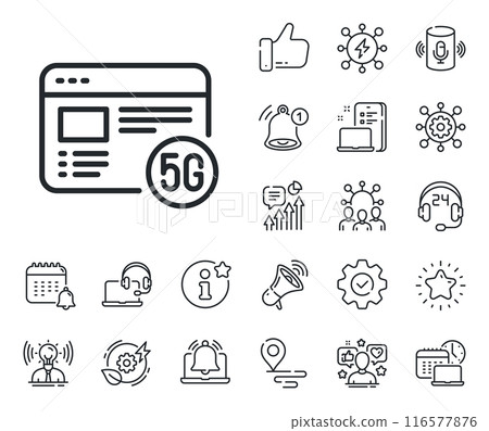 Wifi web browser sign. Place location, technology and smart speaker outline icons. 5g internet line icon. Connection quality symbol. 5g internet line sign. Influencer, brand ambassador icon. Vector 116577876