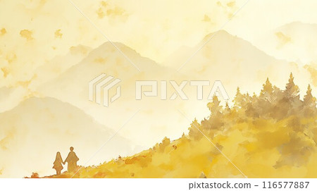 Couple reflected in a watercolor mountain landscape 116577887