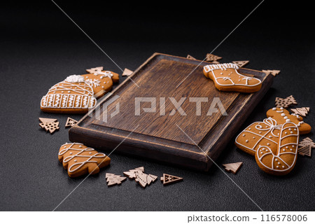 Empty wooden cutting board with Christmas decor elements 116578006