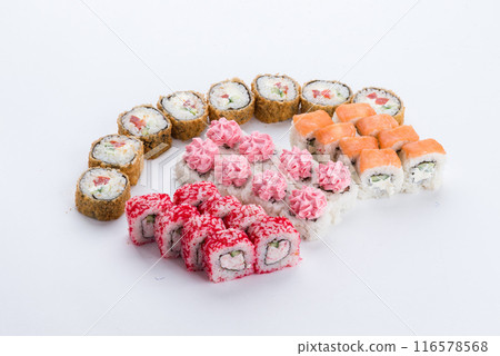 Japanese food restaurant, sushi maki gunkan roll plate or platter set. Sushi set and composition 116578568