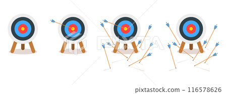 Set of archery dartboards with arrows hitting or missing bullseye. Target rings on tripods isolated on white background. Success or failure, win or lose concept. Vector cartoon illustration Set of archery dartboards with arrows hitting or missing bullseye. Target rings on tripods isolated on white background. Success or failure, win or lose concept. Vector cartoon illustration 116578626