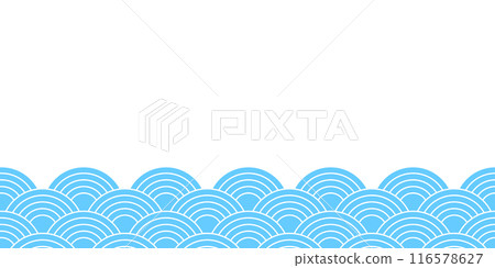 Blue sea or ocean waves background with empty space. Scallops print. Fish squama or dragon scale. Japanese seigaiha pattern. Simple geometric ornament with arch shapes. Vector flat illustration Blue sea or ocean waves background with empty space. Scallops print. Fish squama or dragon scale. Japanese seigaiha pattern. Simple geometric ornament with arch shapes. Vector flat illustration 116578627