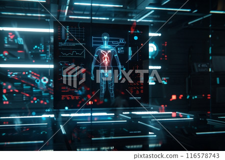 Futuristic body scanner showing various health indicators hologram and copy space 116578743