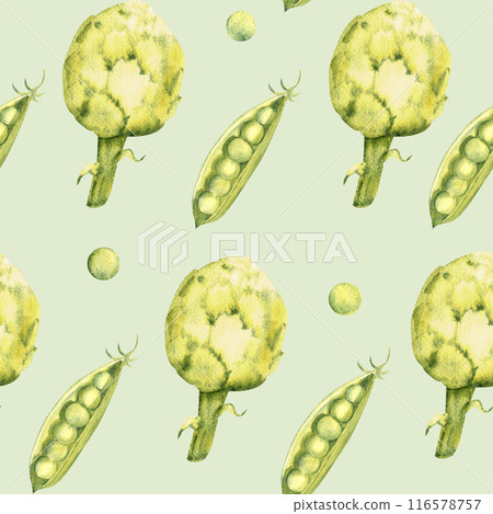 Green Vegetables Watercolor Seamless Pattern with Artichoke and Peas on a light green background. Can be used for kitchen textile prints, product packaging design, wrapping paper. 116578757