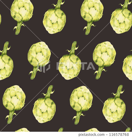 Watercolor Seamless Pattern with Artichokes on a black background. Can be used for kitchen textile prints, product packaging design. 116578768