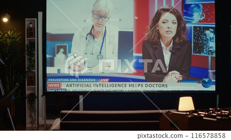 Modern TV displaying news program broadcasting with journalist talking about artificial intelligence subject, close up shot. Ultrawide television screen showing VOD journalism channel 116578858