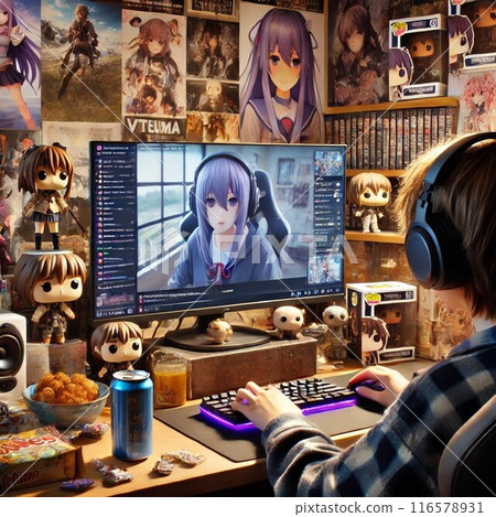 A male otaku watching a Vtuber's stream 116578931
