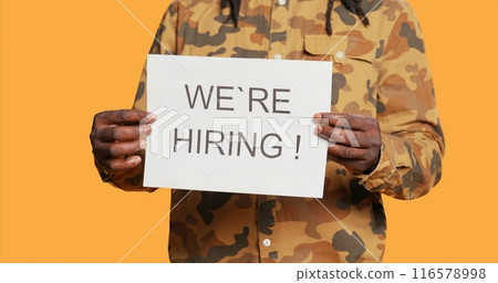 HR manager presents career offers written on files, hiring personnel to fill job vacancy at important corporation. African american job recruiter working on recruiting applicants on candidates. 116578998