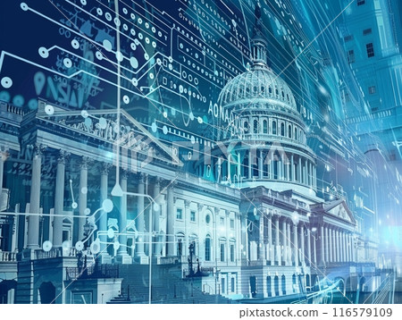 Digital representation of the Capitol building with futuristic network and copy space 116579109