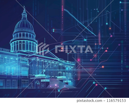 Digital representation of the Capitol building with futuristic network and copy space 116579153