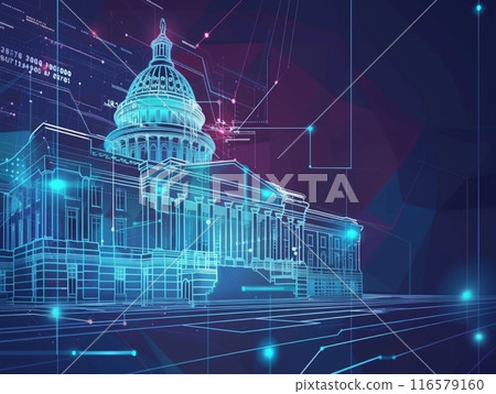 Digital representation of the Capitol building with futuristic network and copy space 116579160