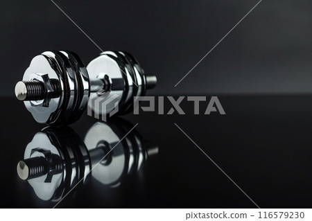 金屬啞鈴和位於反射表面上的複製空間 116579230