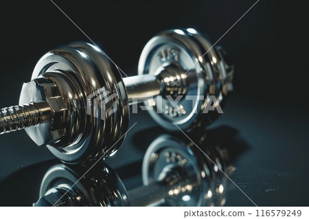 金屬啞鈴和位於反射表面上的複製空間 116579249