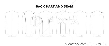 Set of Jacket Back Darts and Seam details - Armhole, Shoulder Waist, Princess Center styles technical fashion. Set of Jacket Back Darts and Seam details - Armhole, Shoulder Waist, Princess Center styles technical fashion. 116579332