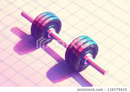 3D dumbbells on a pastel colored floor with copy space 116579420