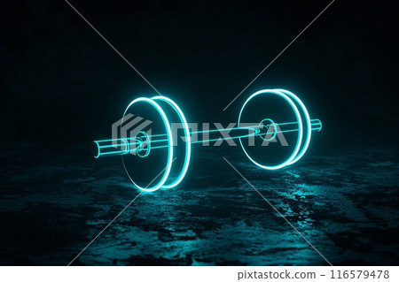 Neon dumbbells and copy space on a dark background 116579478