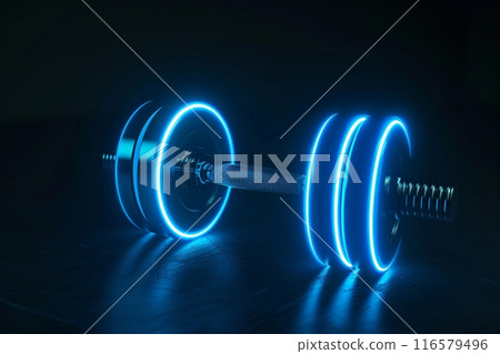 Neon dumbbells and copy space on a dark background 116579496