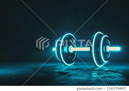Neon dumbbells and copy space on a dark background 116579497