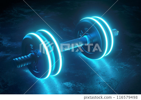 Neon dumbbells and copy space on a dark background 116579498