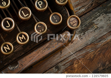 Vintage typewriter and wooden surface with copy space 116579605