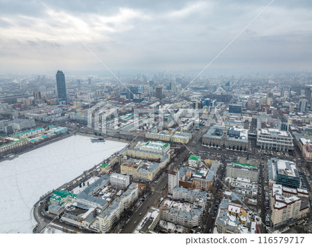 Embankment of the central pond and Plotinka. The historic center of the city of Yekaterinburg, Russia, Aerial View 116579717