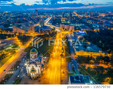 Ekaterinburg, Russia. Temple on the Blood. Night city in the early spring or summer. Aerial view Ekaterinburg, Russia. Temple on the Blood. Night city in the early spring or summer. Aerial view 116579730