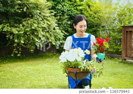 一位微笑的中年婦女正在種樹 116579941