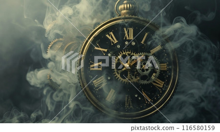 古色古香的復古神秘時鐘,帶有夢幻般的煙霧和複製空間 古色古香的復古神秘時鐘,帶有夢幻般的煙霧和複製空間 116580159