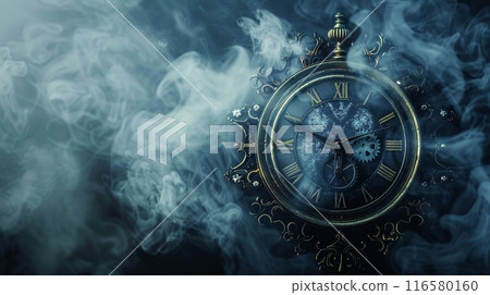 古色古香的復古神秘時鐘，帶有夢幻般的煙霧和複製空間 116580160