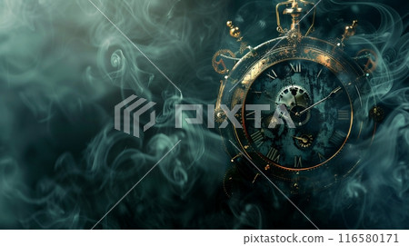 古色古香的復古神秘時鐘，帶有夢幻般的煙霧和複製空間 116580171