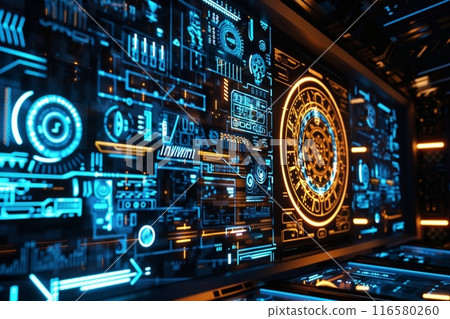 具有人工智慧機器人和複製空間的未來派阿茲特克日曆占星輪 具有人工智慧機器人和複製空間的未來派阿茲特克日曆占星輪 116580260