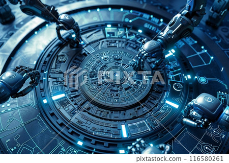 具有人工智慧機器人和複製空間的未來派阿茲特克日曆占星輪 116580261