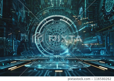 Futuristic Aztec calendar astrology wheel with AI robot and copy space 116580262