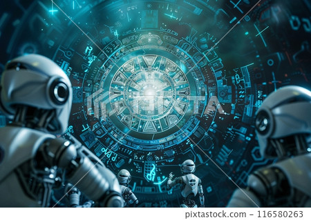 具有人工智慧機器人和複製空間的未來派阿茲特克日曆占星輪 116580263