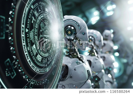 具有人工智慧機器人和複製空間的未來派阿茲特克日曆占星輪 116580264