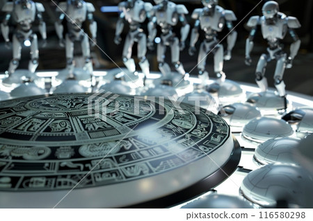 具有人工智慧機器人和複製空間的未來派阿茲特克日曆占星輪 116580298