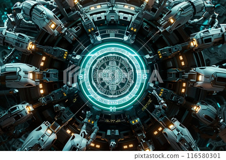 具有人工智慧機器人和複製空間的未來派阿茲特克日曆占星輪 具有人工智慧機器人和複製空間的未來派阿茲特克日曆占星輪 116580301