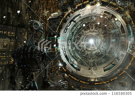 Futuristic Aztec calendar astrology wheel with AI robot and copy space 116580305