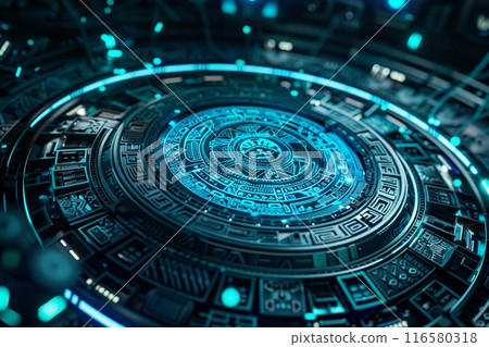 具有人工智慧機器人和複製空間的未來派阿茲特克日曆占星輪 116580318