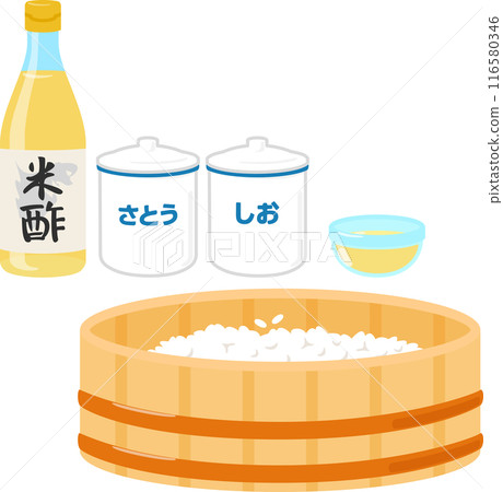 Ingredients for sushi vinegar and rice in a rice tray Ingredients for sushi vinegar and rice in a rice tray 116580346
