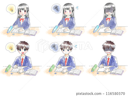 Illustration of a girl and boy studying, hand-drawn, watercolor style 116580370