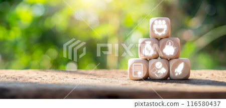Wooden blocks with business icons symbolizing the Limited Liability Company (LLC) concept, set against a natural, blurred background. Wooden blocks with business icons symbolizing the Limited Liability Company (LLC) concept, set against a natural, blurred background. 116580437