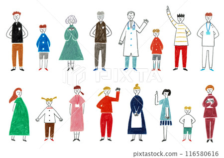 Hand-drawn illustrations of women and men of various ages 116580616