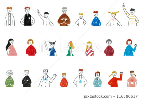 Hand-drawn illustrations of women and men of various ages 116580617