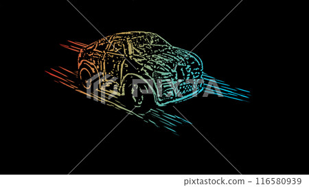 Multi-colored car on a black background. A sports car rushes along the road.  116580939