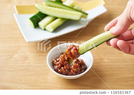 Cucumbers dipped in moromi miso paste Cucumbers dipped in moromi miso paste 116581367