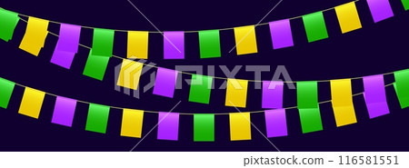 Bunting flags, carnival party flags, Mardi Gras festive pennants hanging on a rope. 116581551