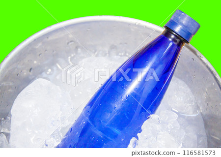 Ice water in a stainless steel bowl and a blue plastic bottle Ice water in a stainless steel bowl and a blue plastic bottle 116581573