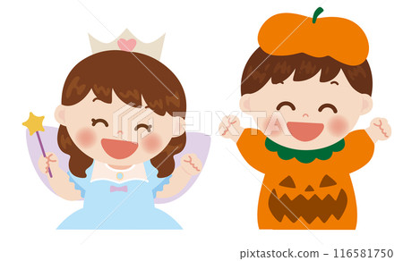 Illustration of smiling children in Halloween costumes Illustration of smiling children in Halloween costumes 116581750