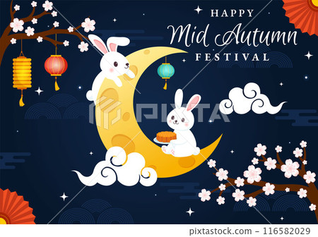 Happy Mid Autumn Festival Vector Illustration with Rabbits Carrying Lanterns and Mooncakes, Celebrating on the Night of the Full Moon in Background Happy Mid Autumn Festival Vector Illustration with Rabbits Carrying Lanterns and Mooncakes, Celebrating on the Night of the Full Moon in Background 116582029